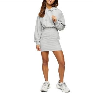 NEW TOPSHOP Grey STREETWEAR Fitted COTTON Hooded SWEATSHIRT Mini DRESS US 8